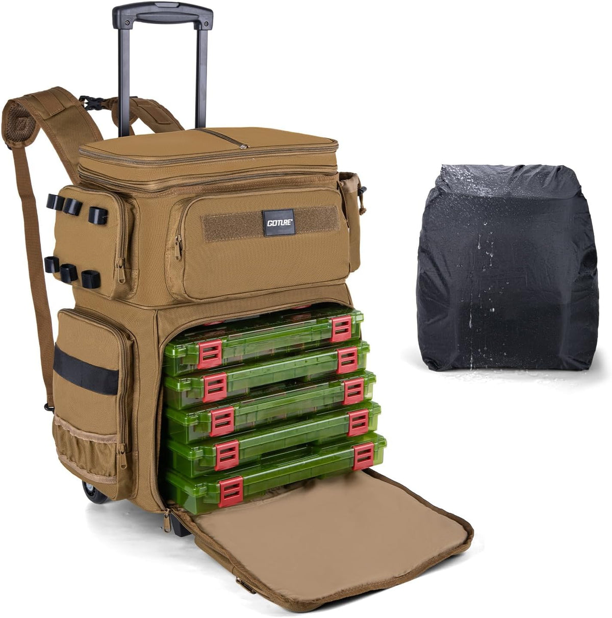 Goture 66L Rolling Tackle Box w/Cooler, Khaki Large Fishing Bag w/Wheels