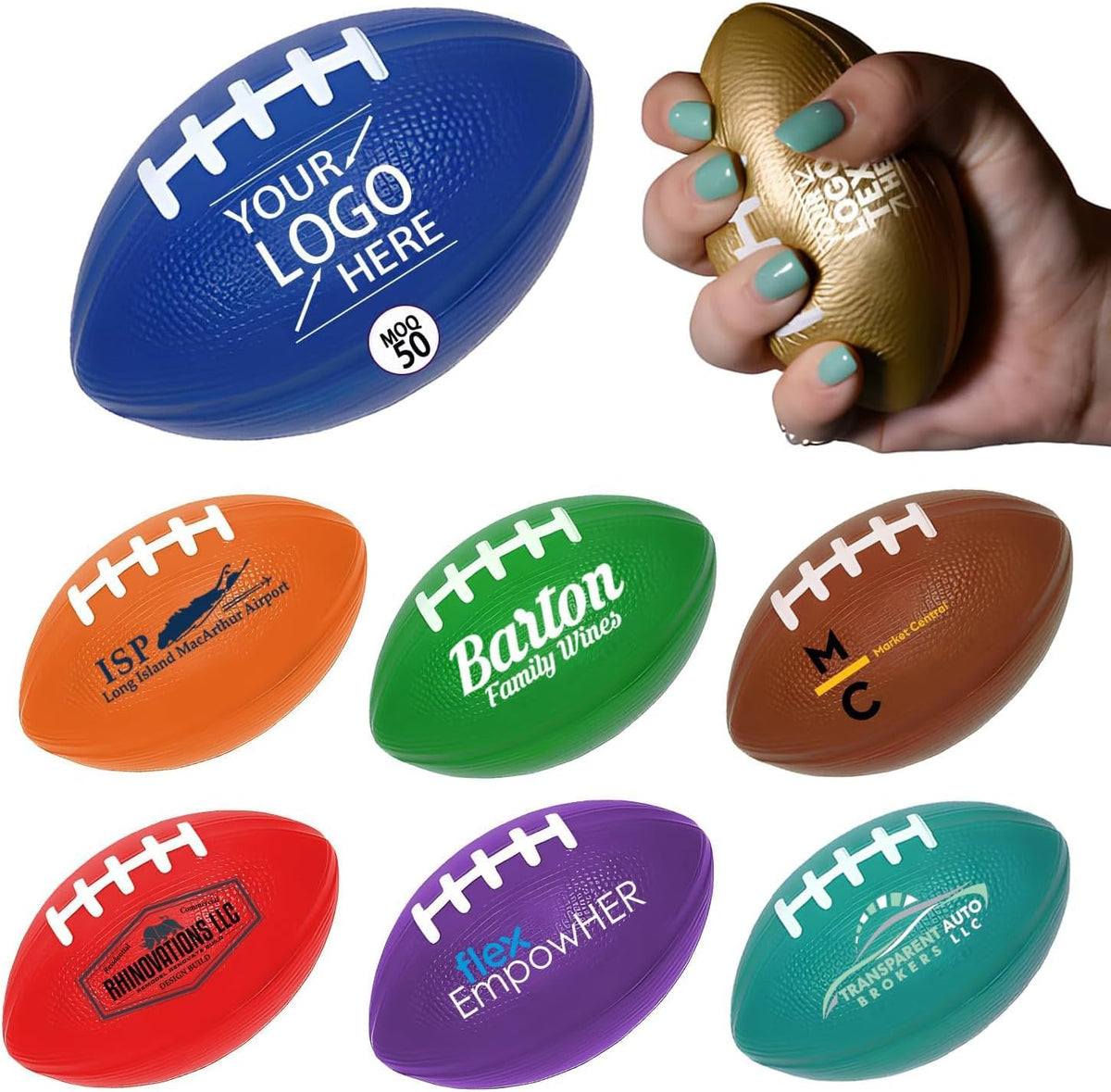 Custom Football Grip Strengthener with Logo–PU Foam Squeeze Ball for Stress Relief,Hand Exercise & Office Fidget.