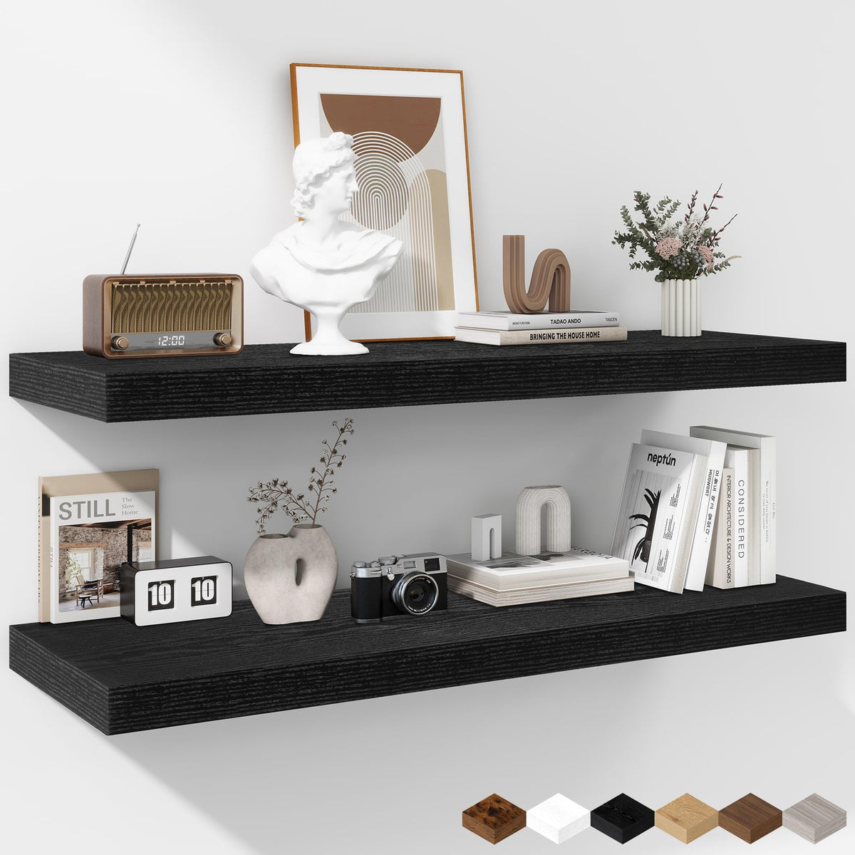 Fun Memories Floating Shelves - 2 Pack 12 Inch Rustic Wooden Wall Shelves - Extra Deeper & Thicker Wall Mounted Storage Shelf for Living Room, Kitchen, Farmhouse - 36" W x 12" D x 1.8" H - Brown
