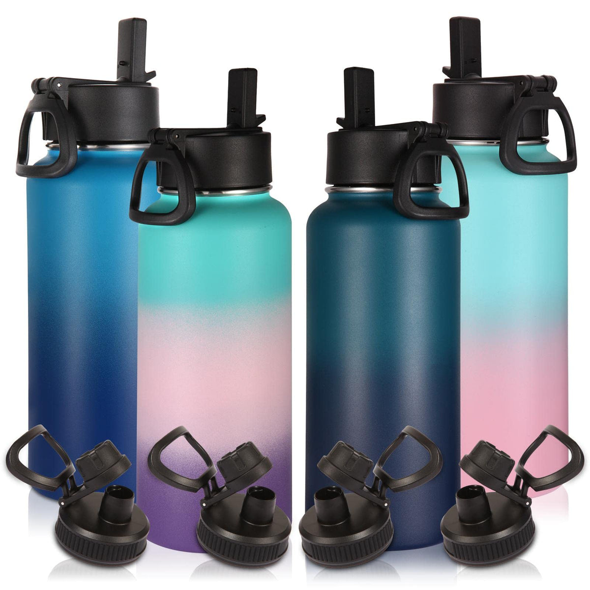 Volhoply 32oz Insulated Water Bottle with Straw Lid, Black, 8-Pack