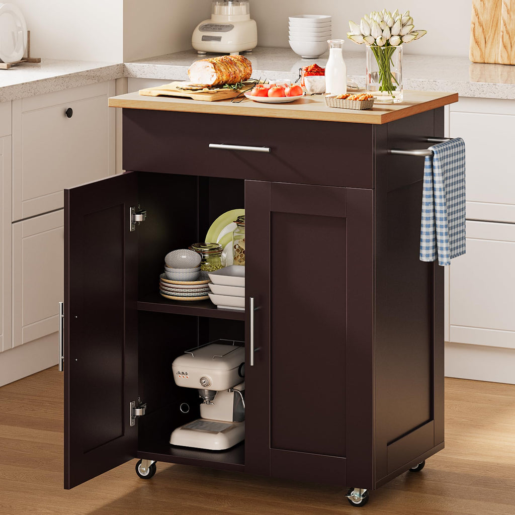 OtterOasis Mobile Kitchen Island on Wheels, Large Drawer, Black