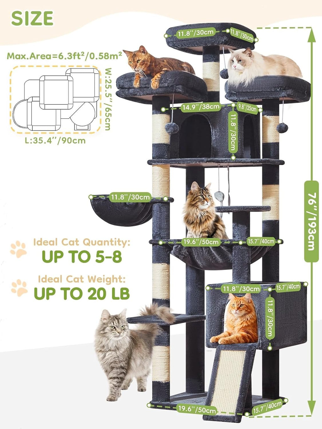 Taoqimiao Tall Cat Tree, 76In XL Cat Tower for Large Cats, 3 Padded Perches