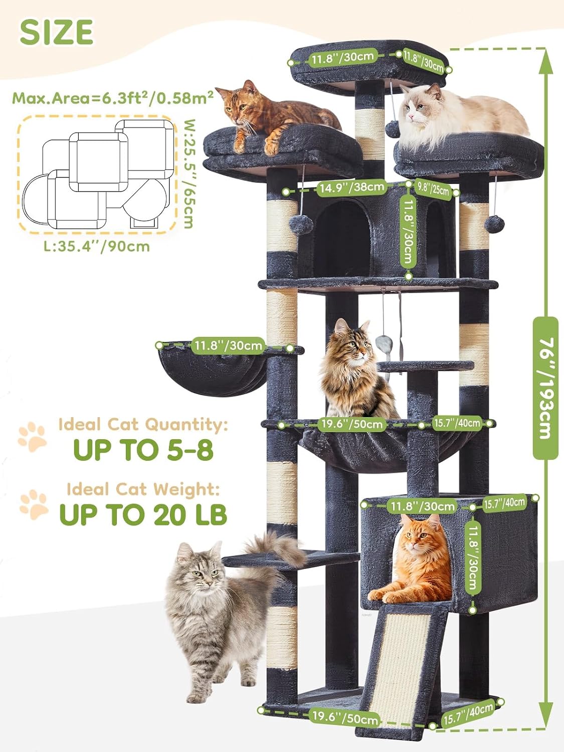 Taoqimiao Tall Cat Tree, 76In XL Cat Tower for Large Cats, 3 Padded Perches