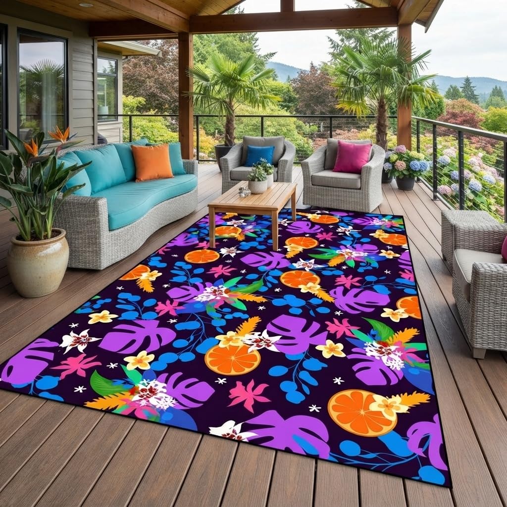 Beautiful Elegant Multicolor Outdoor Rug 7x10 Natural Floral Butterfly Texture Waterproof Thin No Shedding Easy Care Outside Rugs for Patios Deck Pool Garden Balcony Backyard Beach Floor Mat