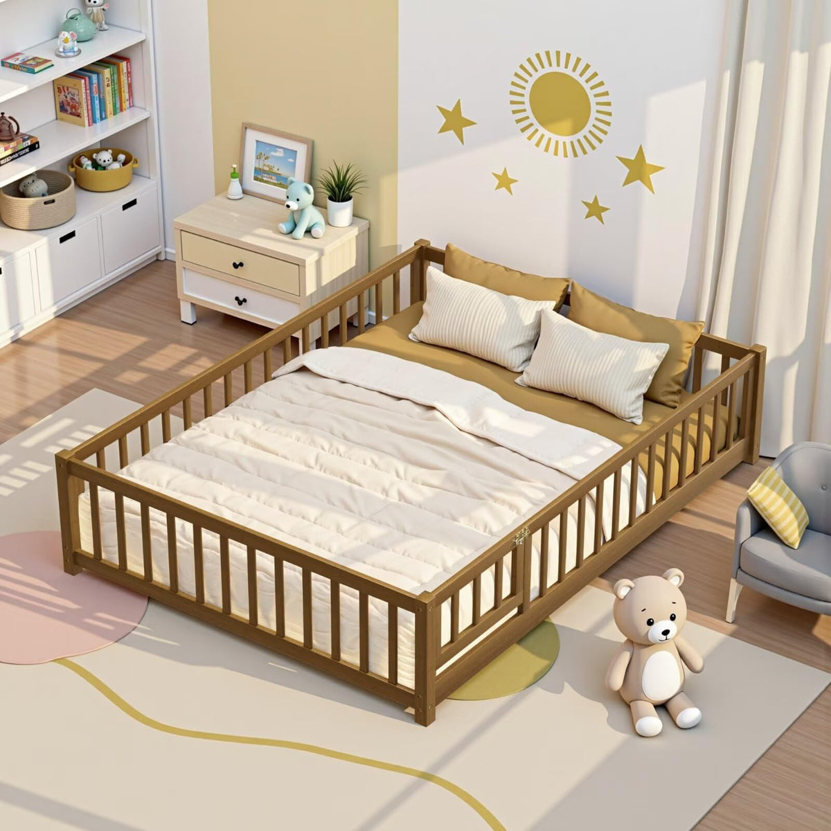 i-POOK Twin Floor Bed for Children, Sturdy Wood Montessori Bed Frame with Wood Slats, High Fence & Small Door, Montessori Floor Bed for Girls and Boys, White