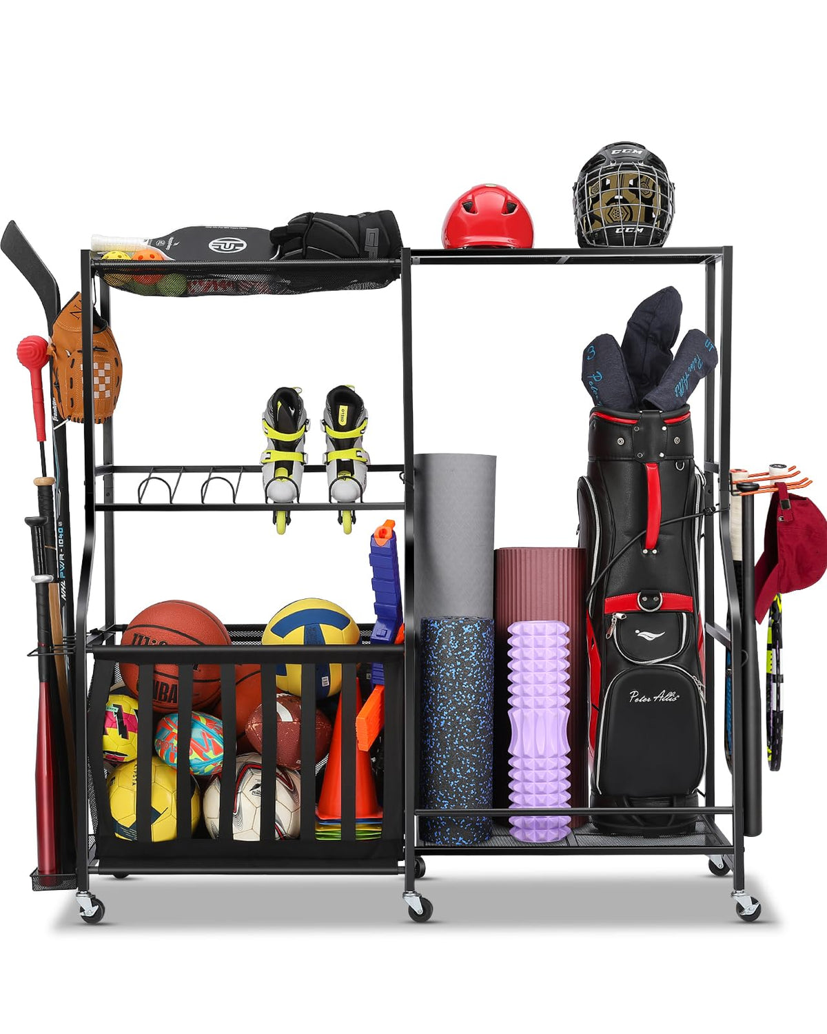 EXTCCT Garage Sports Equipment Organizer - Rolling Ball Storage with Wheels