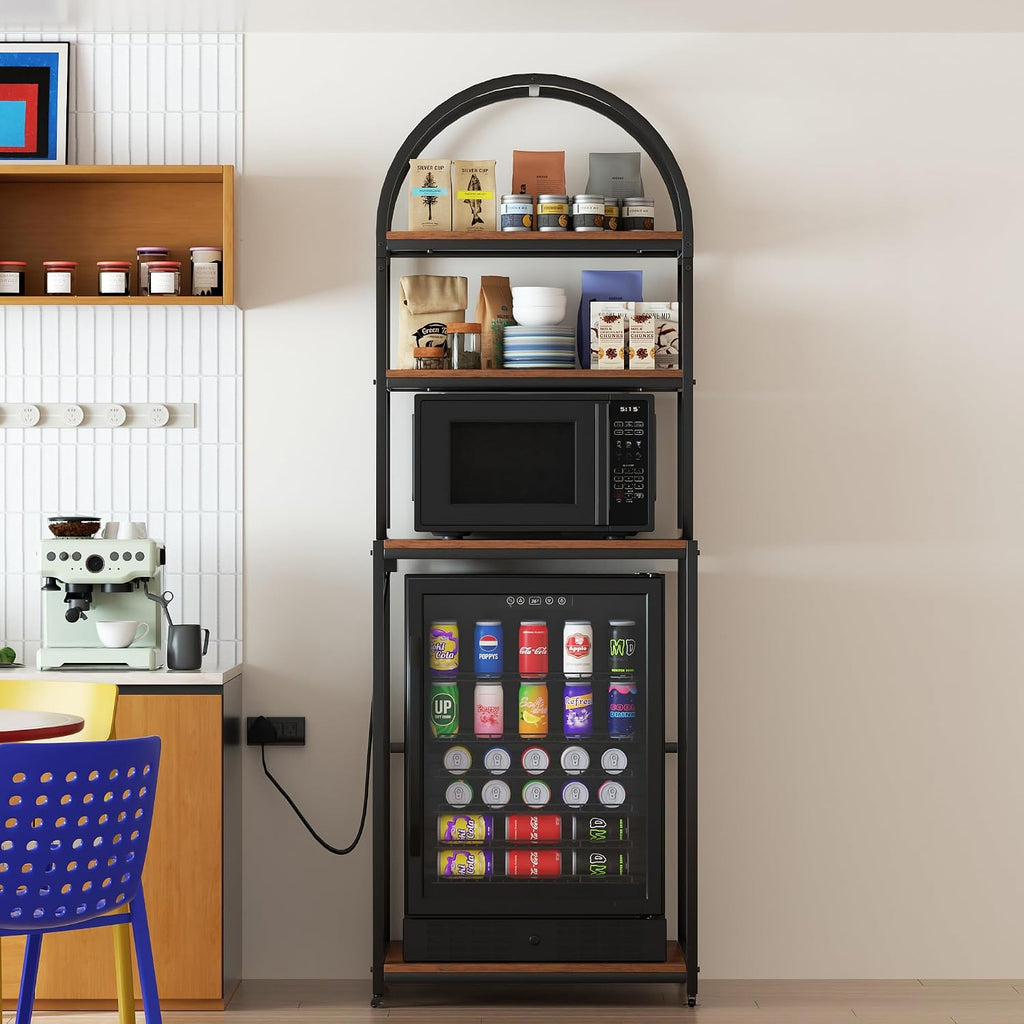 Arched Metal Mini Fridge Stand with Power Outlet and Wheels, Black