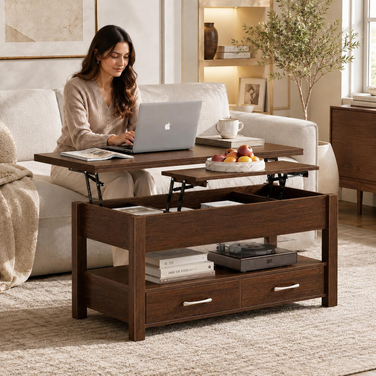 40" Lift Top Coffee Table, 4 in 1 Square Coffee Table with Storage Shelf & 2 Drawers, Modern Coffee Tables with Lift Tabletop, Converts to Dining Table for Living Room, Home Office