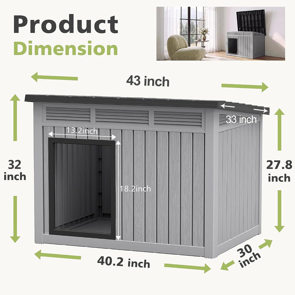 Fancyango Outdoor Dog House for Large Dogs, Outside Dog House with Weatherproof Roof, XL Dog House (Classic Grey, 43" L x 33" W x 32" H)
