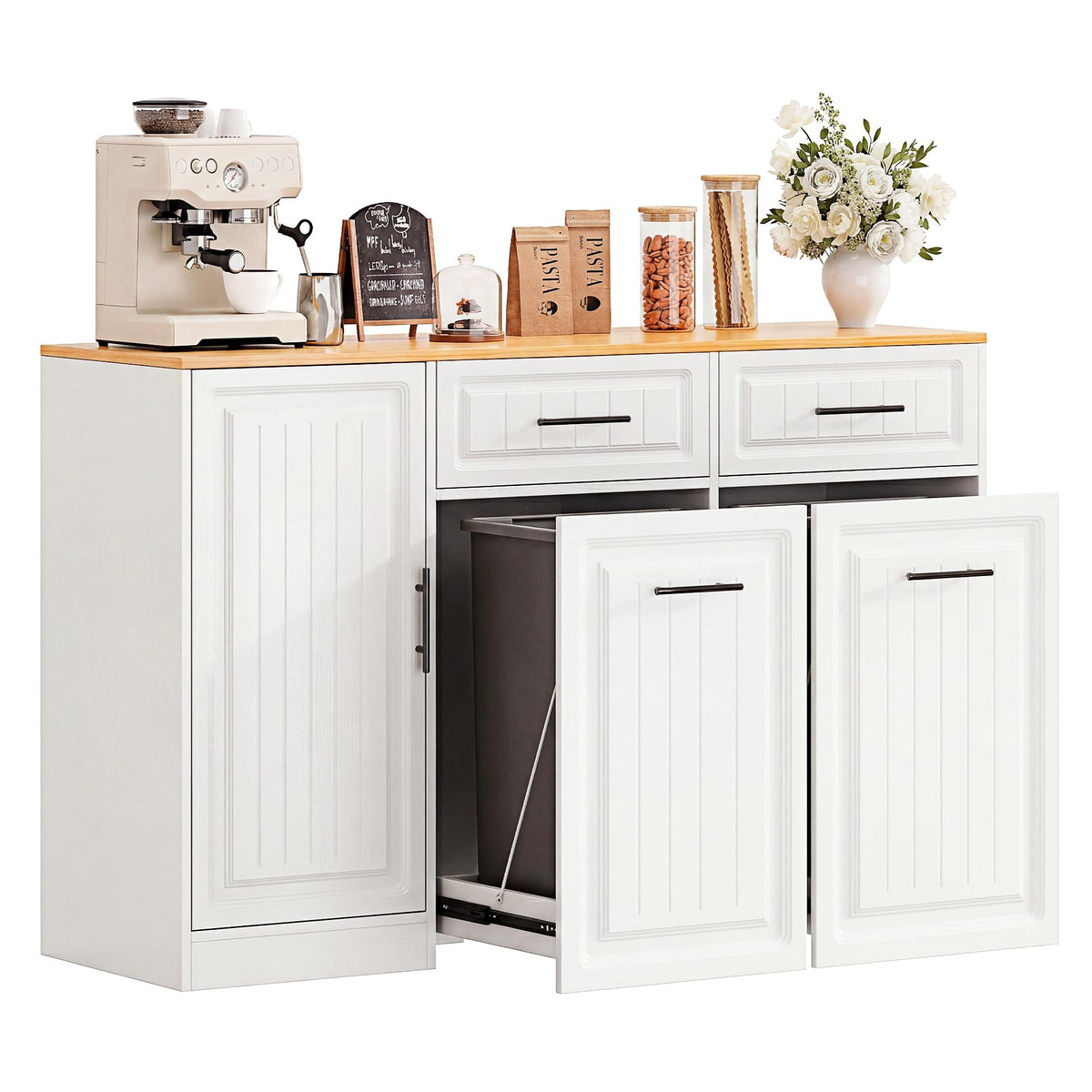 ZIFTY Pull Out Trash Can Cabinet for 13 Gallon Bin, Laundry Hamper, White