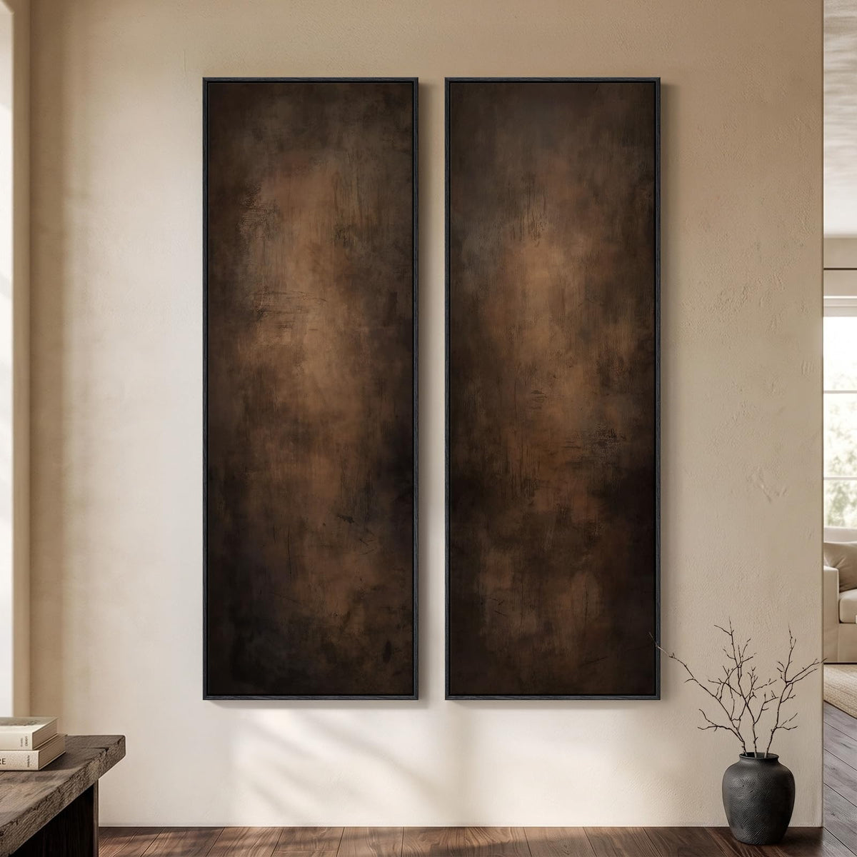 Large Framed Beige Cream Abstract Vertical Wall Art for Hallway, 2 Piece