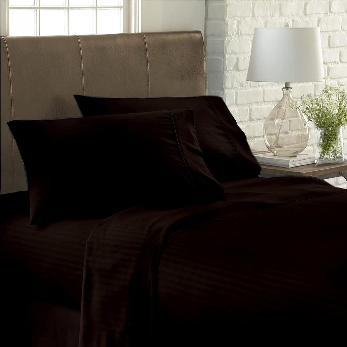 USA RV King Sheet Set in Chocolate Stripe 400 Thread-Count 100% Egyptian Long Staple Cotton, Sateen Weave for Soft and Silky Feel, Breathable 4-Piece Bedsheet, Elasticized 24'' Extra Deep Pocket