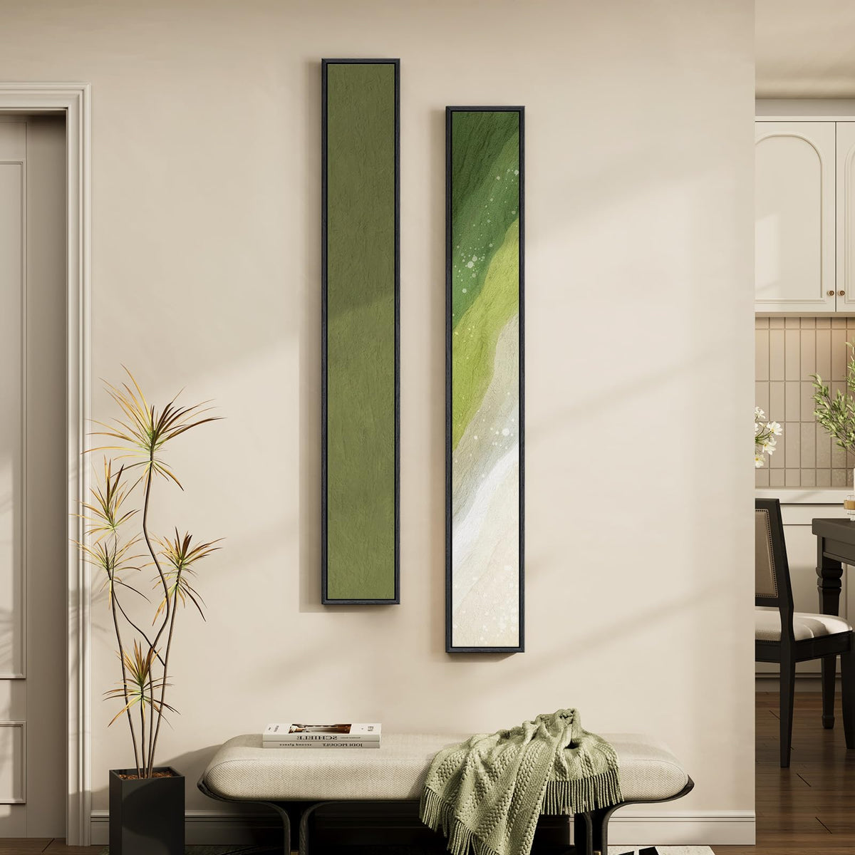 Large Framed Beige Cream Abstract Vertical Wall Art for Hallway, 2 Piece