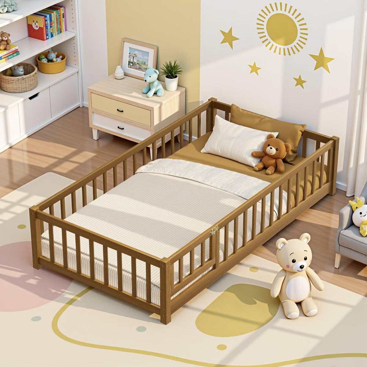 i-POOK Full Size Floor Bed for Children, Solid Wood Montessori Bed Frame with Fence & Door Montessori Floor Bed with Safety Guardrails for Girls and Boys, White (with Bed Slats)