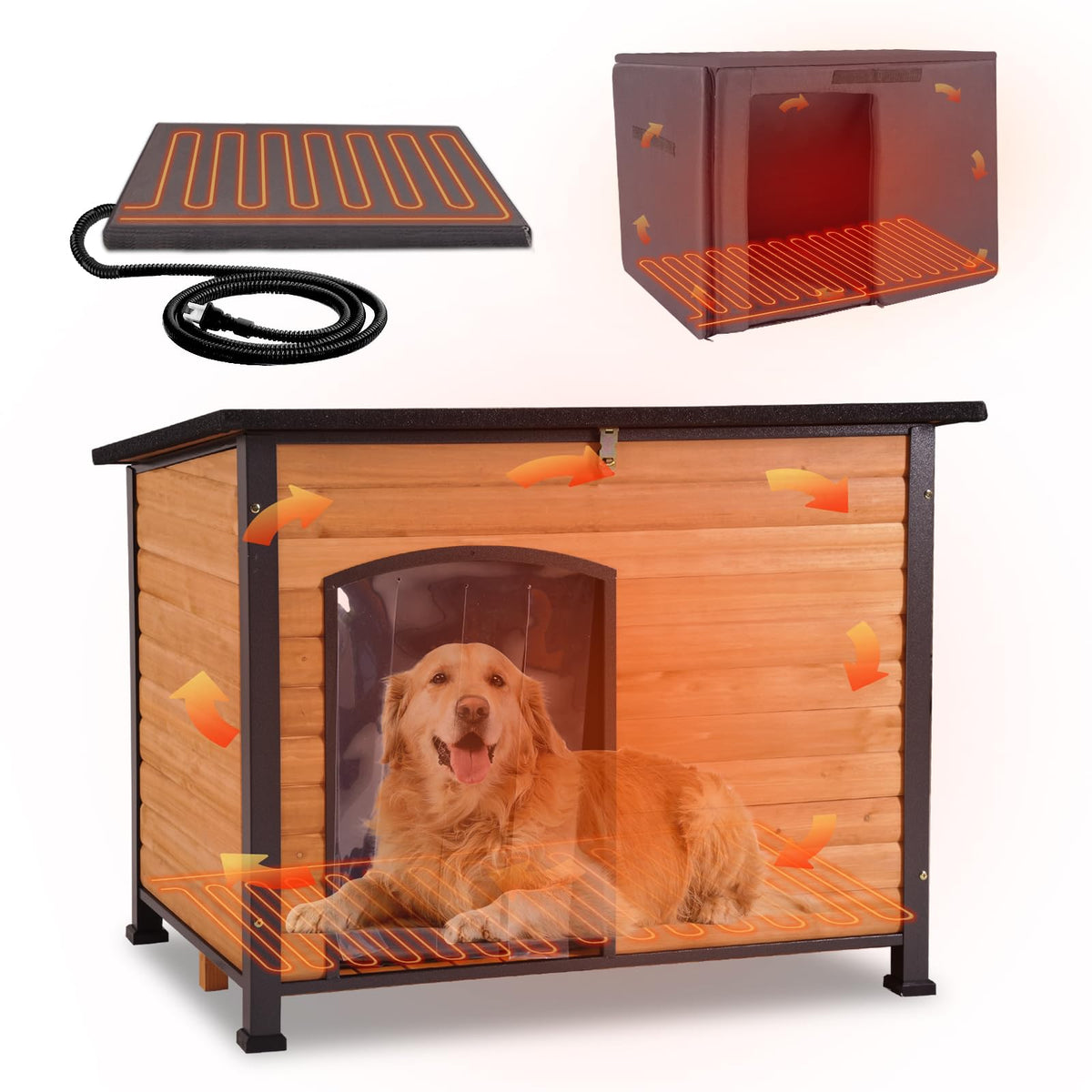 GUTINNEEN Heated Dog House Outdoor Insulated Dog House Weatherproof Dog Kennel with Thermostat-Controlled Heating Pad, 6-Sided Thermal Liner, Chew-Proof Metal Frame for Dogs