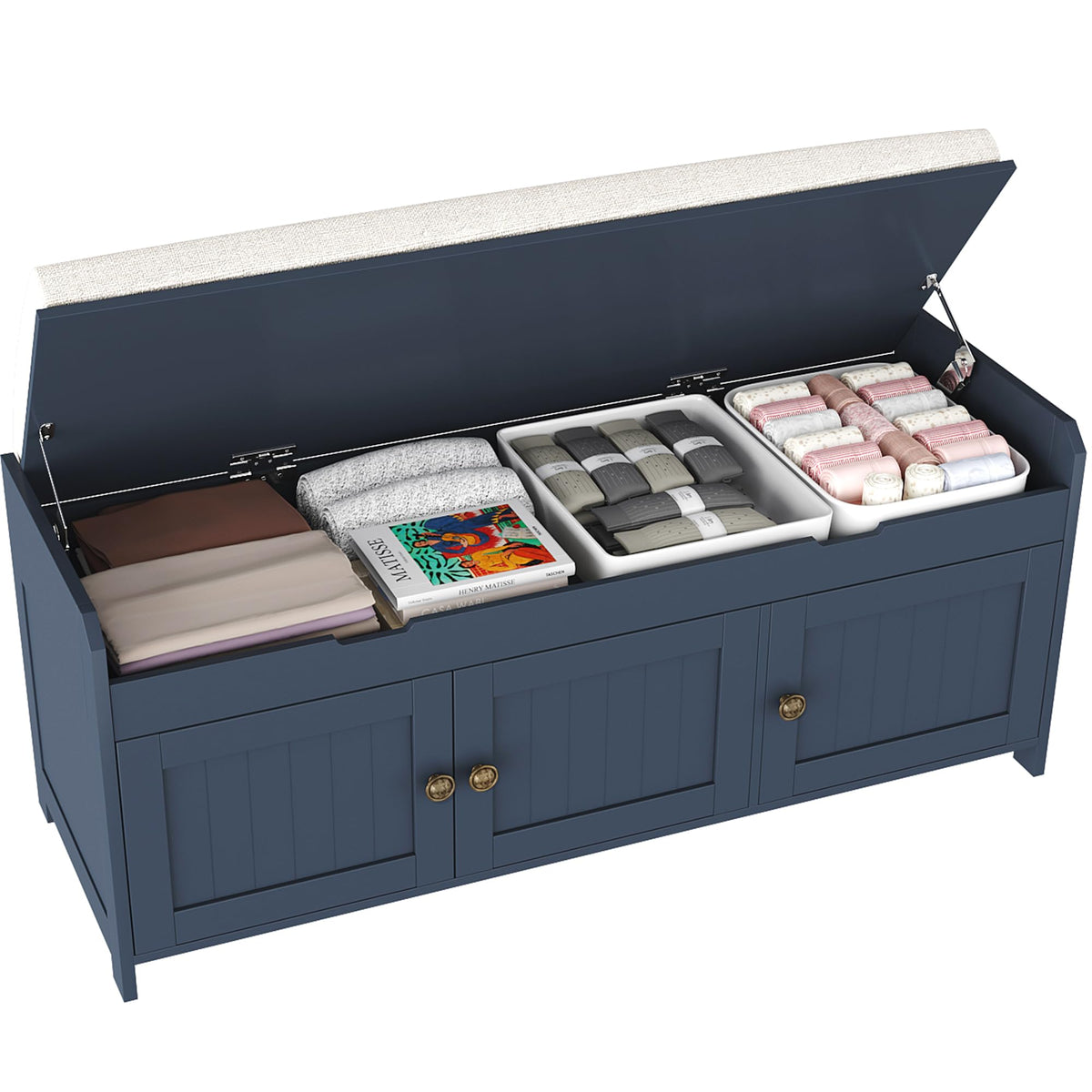 HOMEFORT 54.4" Shoe Bench with Lift Top Storage, Entryway Bench with Cushioned Seat, Wooden End of Bed Bench, Shoe Cabinet Bench with Hidden Storage Space, for Bedroom, Hallway,Blue