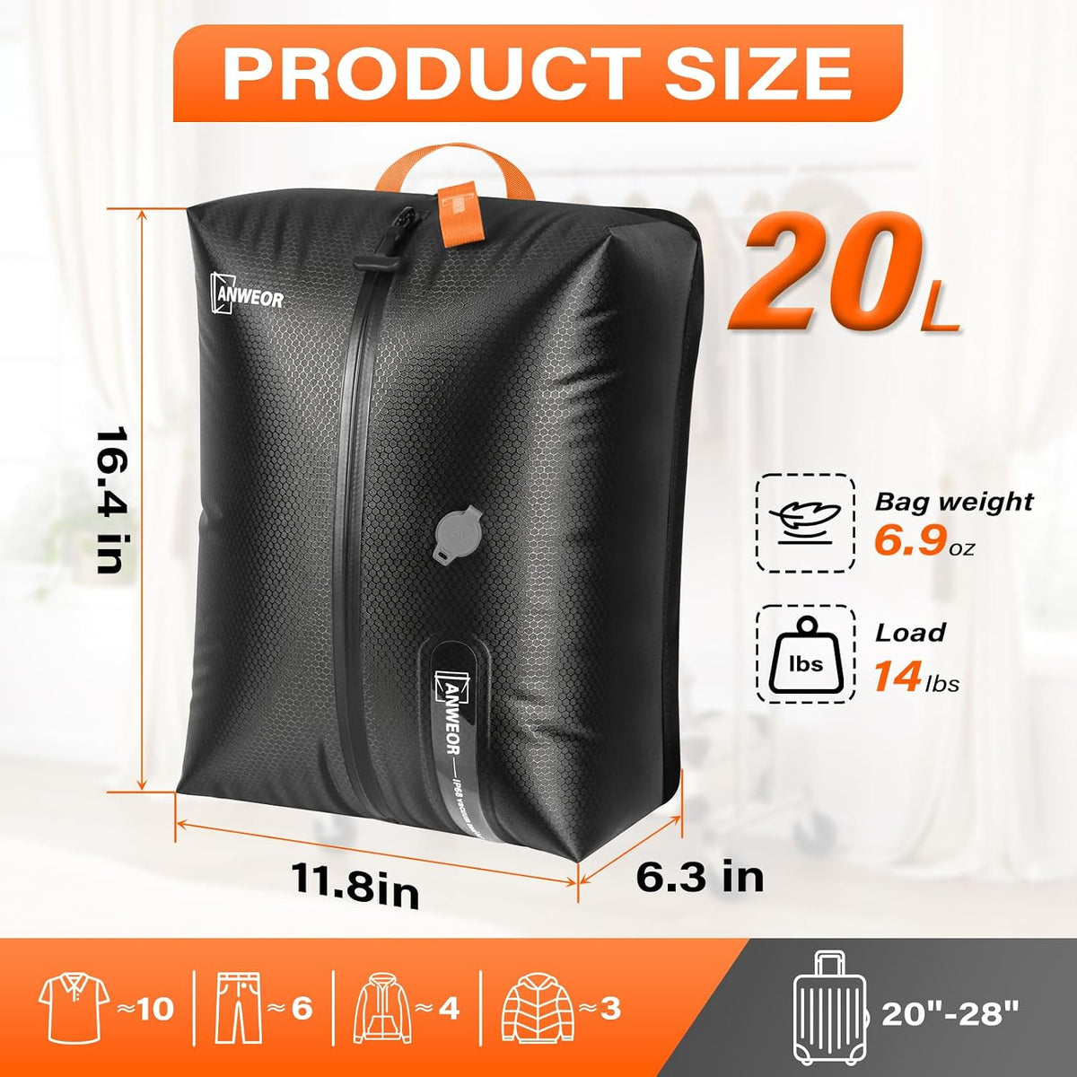 3 Pack with Vacuum Bag Travel for Suitcase, 20L Overpack Vacuum Bags w/Pump