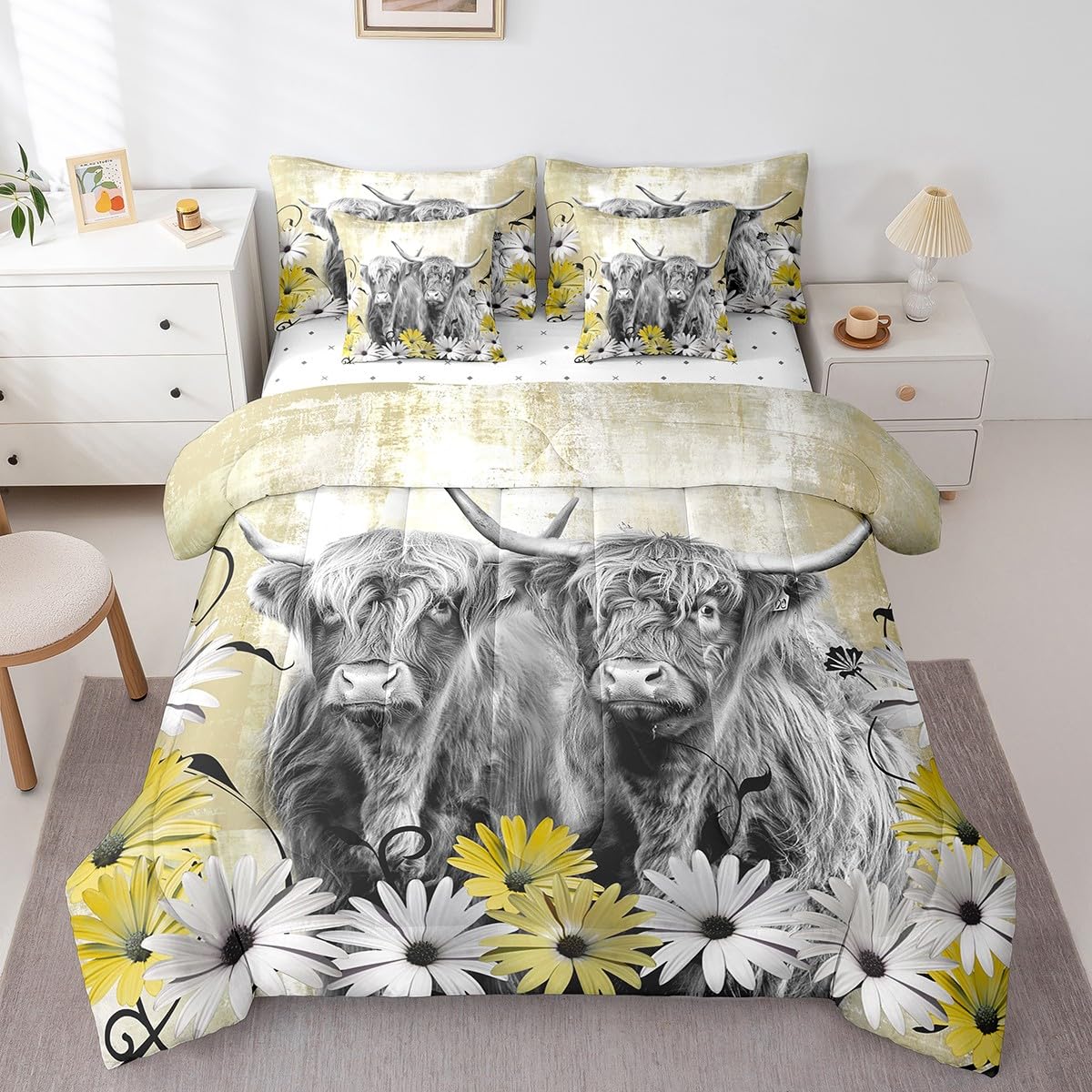 Erosebridal Brown Cow Print King Comforter Set 7 Piece, Simulated Black Cowhide Western Farmhouse Bedding Sets with Sheets, Rustic Highland Cow Skin Bed in a Bag with Fitted Flat Sheet, Pillowcases