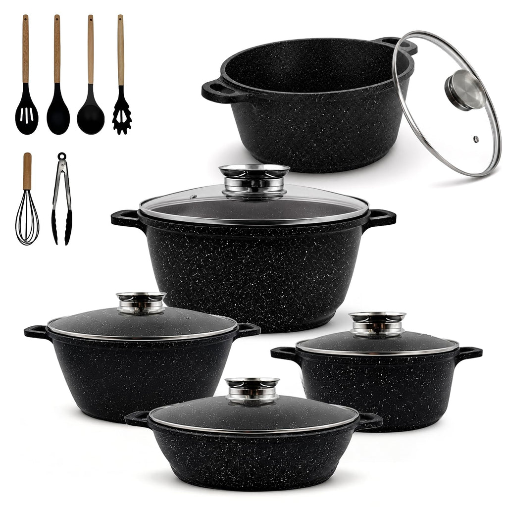 16PCS Nonstick Pots and Pans Set, Premium Nonstick Cookware with Lids and Utensils, 2.4QT to 8.8QT Casseroles, Healthy Kitchen Cookware Set, Dishwasher Safe, Induction Compatible, Black