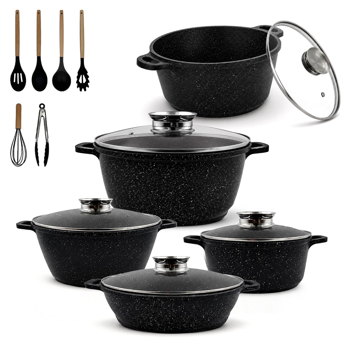 15pc Nonstick Cookware Set with Detachable Handles,Brown Finish Scale Shaped，Sauce pot and Pan，8-11 inches frying PAN,Aluminum Construction, Space-Saving Storage, Includes Utensils
