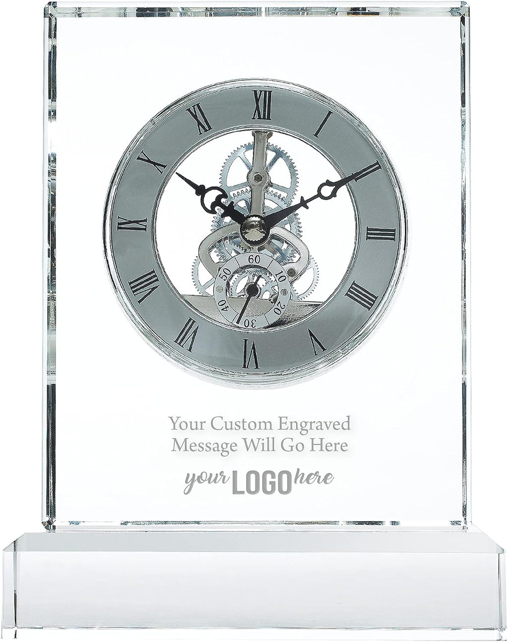 Custom Engraved Clock Trophy - Executive Crystal - Rectangular Shaped on a Rectangular Base - Gold Inset - Add Your Logo