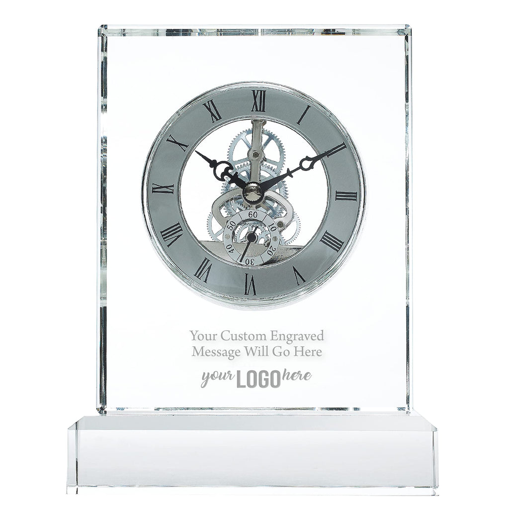 Custom Engraved Clock Trophy - Executive Crystal - Rectangular Shaped on a Rectangular Base - Gold Inset - Add Your Logo