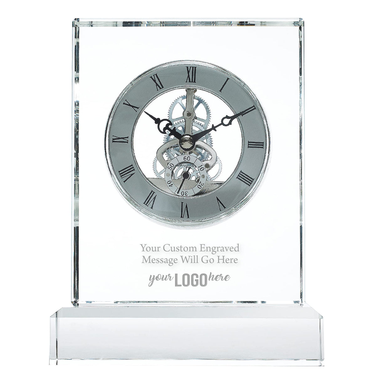 Custom Engraved Clock Trophy - Executive Crystal - Rectangular Shaped on a Rectangular Base - Gold Inset - Add Your Logo