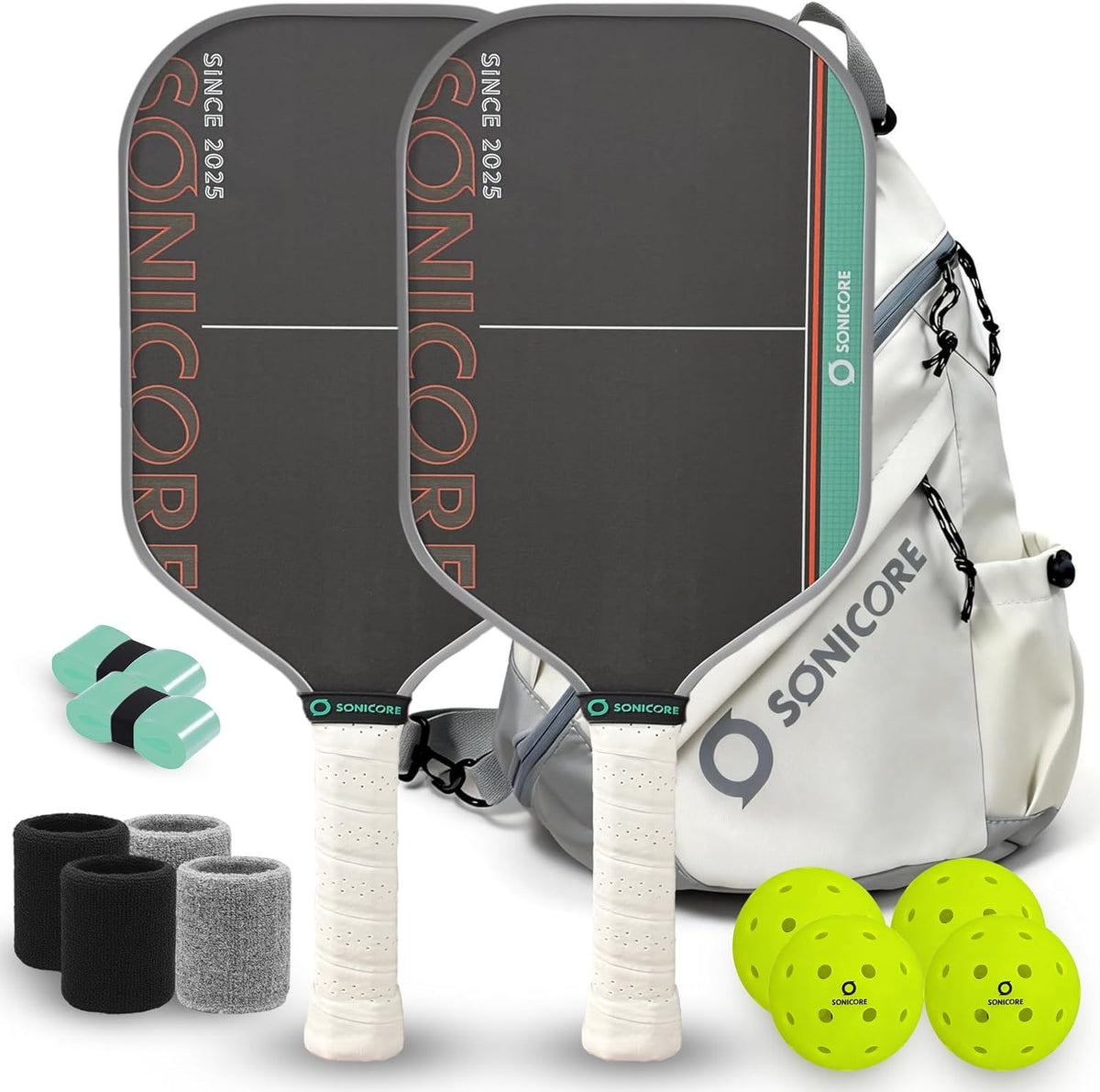 SONICORE Pickleball Paddles Set of 2, Carbon Fiber 16mm, 4 Balls & Bag