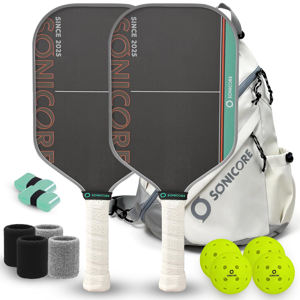 SONICORE Pickleball Paddles Set of 2, Carbon Fiber 16mm, 4 Balls & Bag