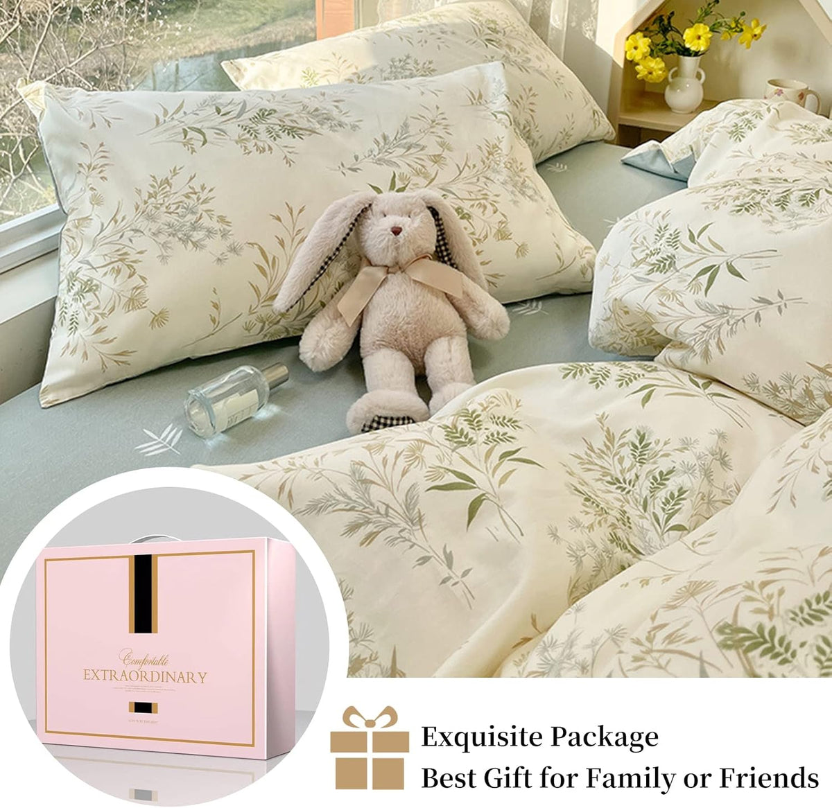 4pcs Duvet Cover Set- 100% Cotton Comfort Duvet Cover Set,Include a Duvet Cover,a Deep Pocket Fitted Sheet,2 Pillow Shams Home Bedding with Zipper Closure for All Season (Queen, Floral)