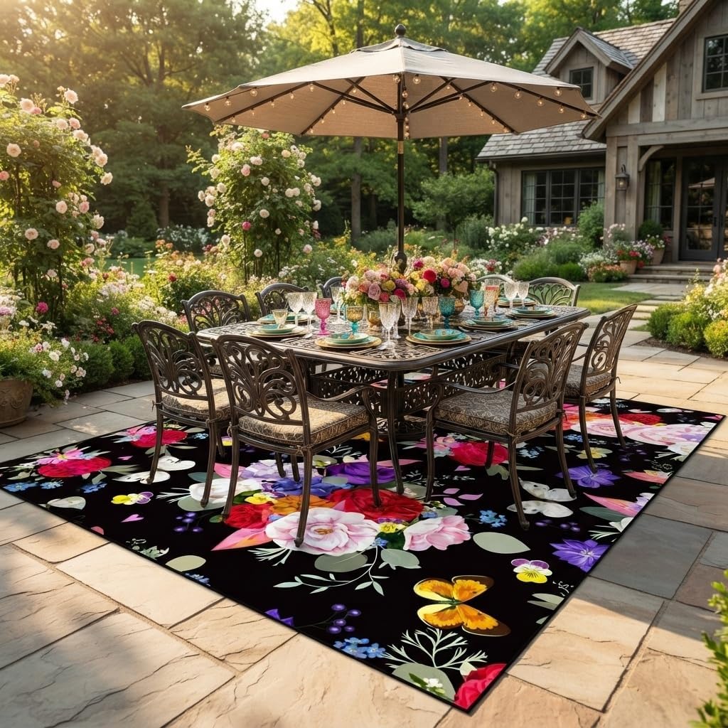 Beautiful Elegant Multicolor Outdoor Rug 7x10 Natural Floral Butterfly Texture Waterproof Thin No Shedding Easy Care Outside Rugs for Patios Deck Pool Garden Balcony Backyard Beach Floor Mat