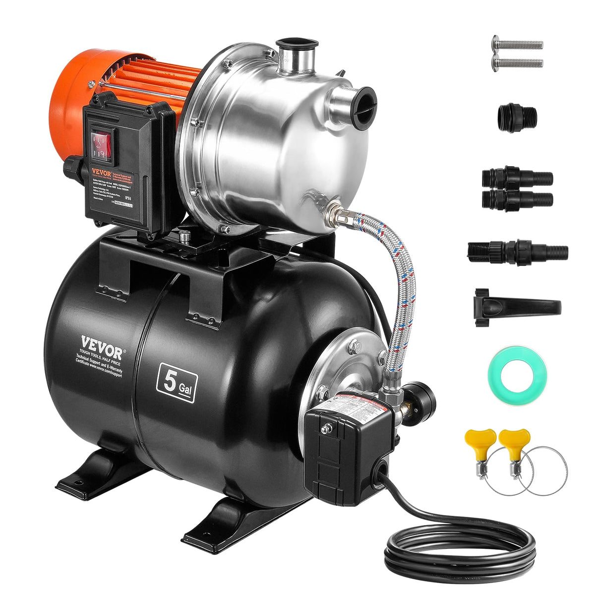 VEVOR 1HP Shallow Well Pump Portable, 1380 GPH Garden Jet Pump with Automatic Controller, 145 ft Head Stainless Steel Sprinkler Booster Pumps, for Garden Lawn Irrigation System, Water Transfer