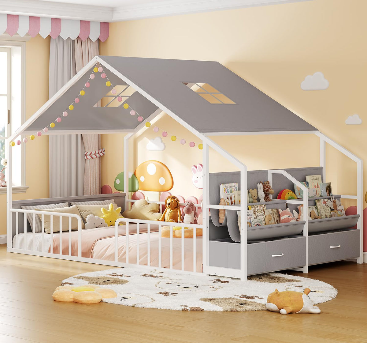 Montessori Full Size Floor Bed, Safety Guardrails, Reading Nook, Pink