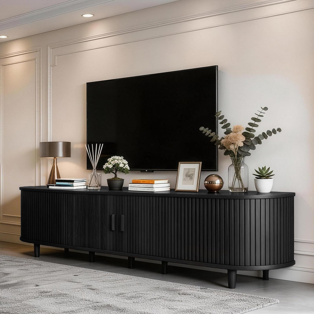 MXV 58" Mid-Century Modern TV Stand with Sliding Doors, TV Consoles with Power Outlet, Fluted Entertainment Center with Adjustable Shelves for Living Room
