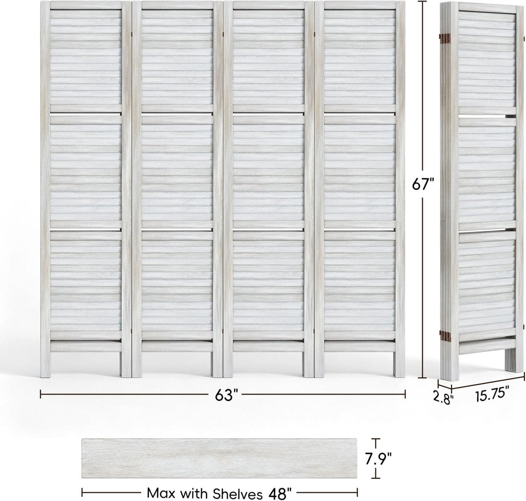 TEAKMAMA Room Divider, Room Divider with Shelves, 4 Panel,Distressed White