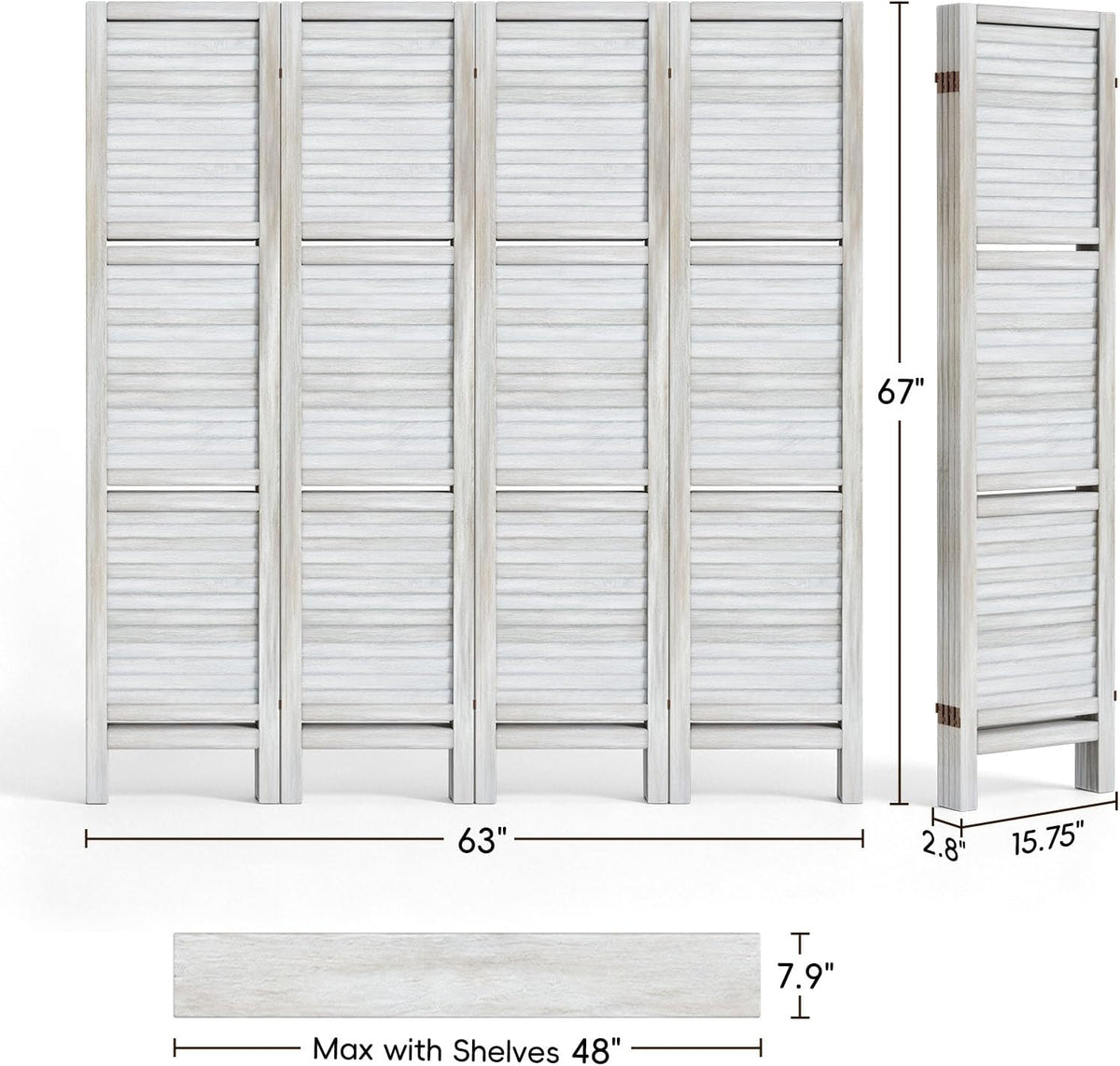 TEAKMAMA Room Divider, Room Divider with Shelves, 4 Panel,Distressed White