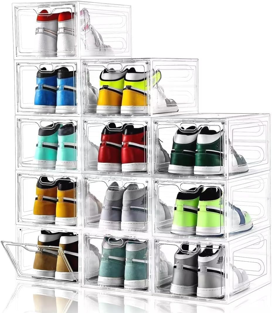 INSTY 12 Pack Large Shoe Storage Box, Clear Shoe Storage Organizer with Magnetic Door, Stackable,Shoe Containers For Display Sneakers, Easy Assembly, Fit up to US Size 12, Black