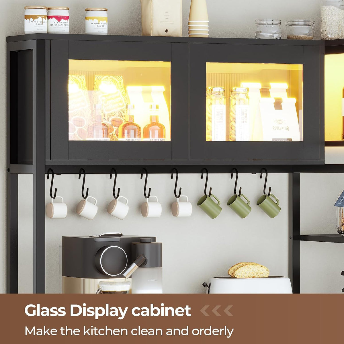 Itaar Bakers Rack with Power Outlet and LED Light, 45.3 Inch Farmhouse Coffee Bar Cabinet, Kitchen Microwave Stand with Storage, Glass Cabinet, Goblet Holder and 8 Hooks, Black