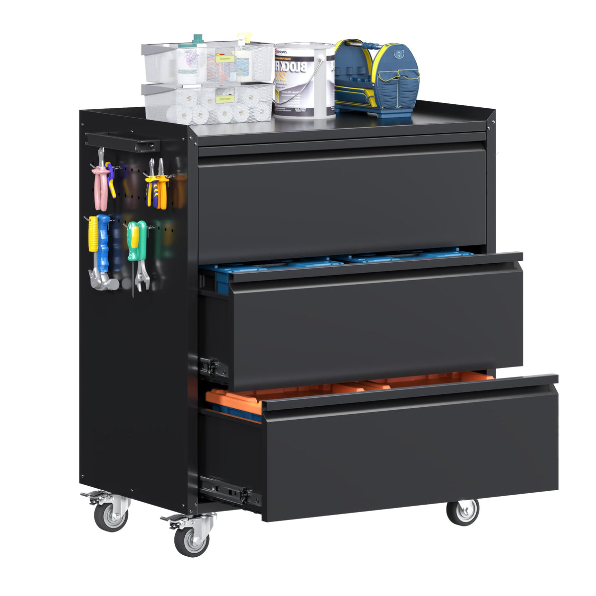 Aobabo 71" Metal Storage Cabinet with Wheels, 5 Shelves & Pegboards, Black