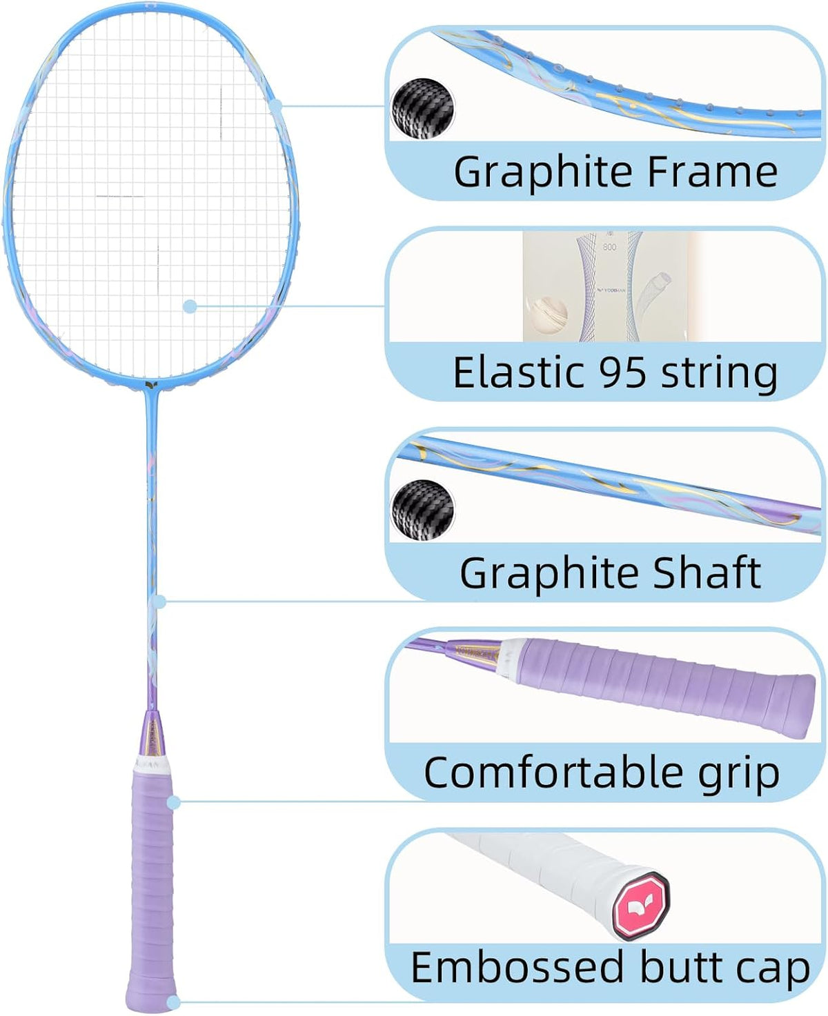 YODIMAN Single Professional Badminton Racket for Advanced Players - 50T Graphite Carbon Fiber with Aerodynamic Frame, Pre-Strung 26lbs, Ultra-Light 5U for Club & Tournament