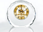 Engraved Clock Trophy - Gold Executive Crystal - Round Beveled Skeleton