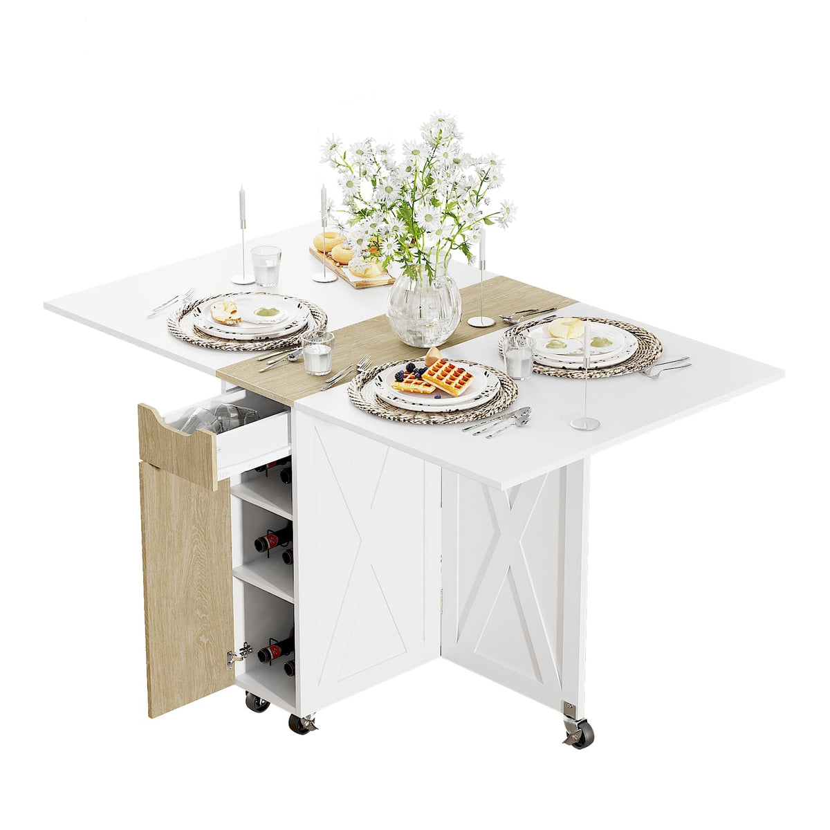 Folding Dining Table, Space Saving Kitchen Table with 6 Wheels(Light Brown)