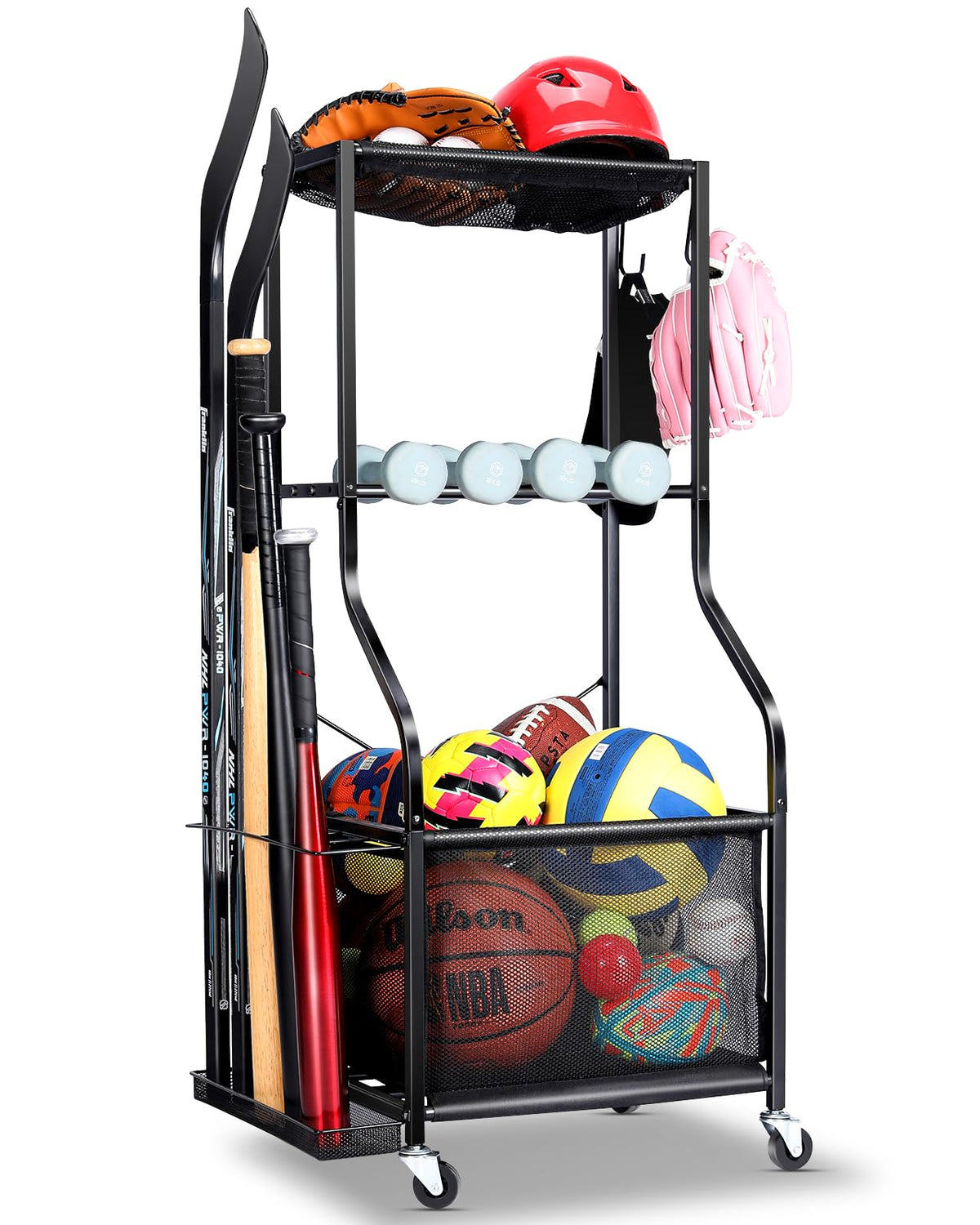EXTCCT Garage Sports Equipment Organizer - Rolling Ball Storage with Wheels