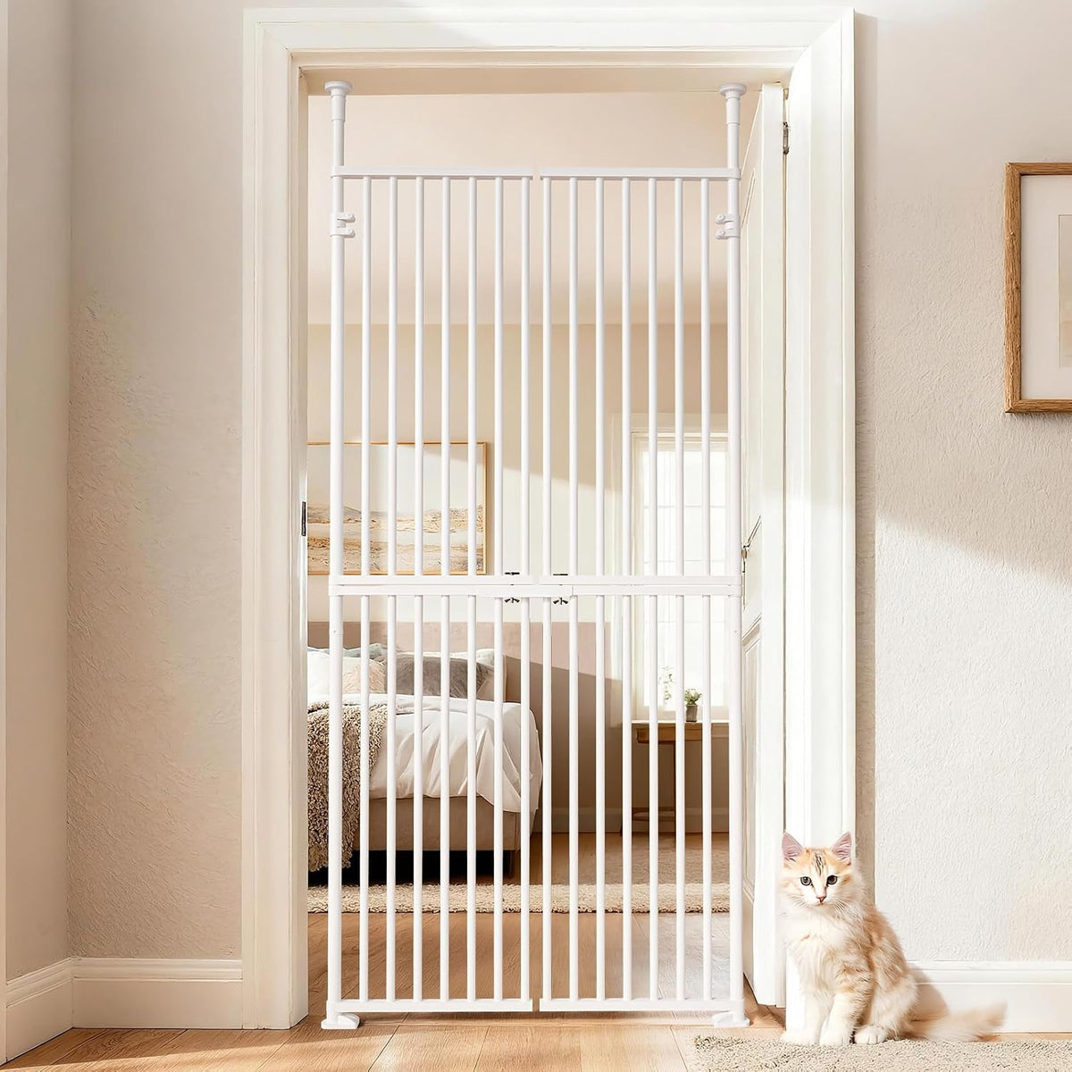 Slsy 76" Extra Tall Pet Gate for Cats & Dogs, Adjustable Width 29.5–32", No-Drill Pressure-Mounted Cat Gate, with Double-Door Walk-Through, Fits for Doorways, Stairs, Indoor & Hallways
