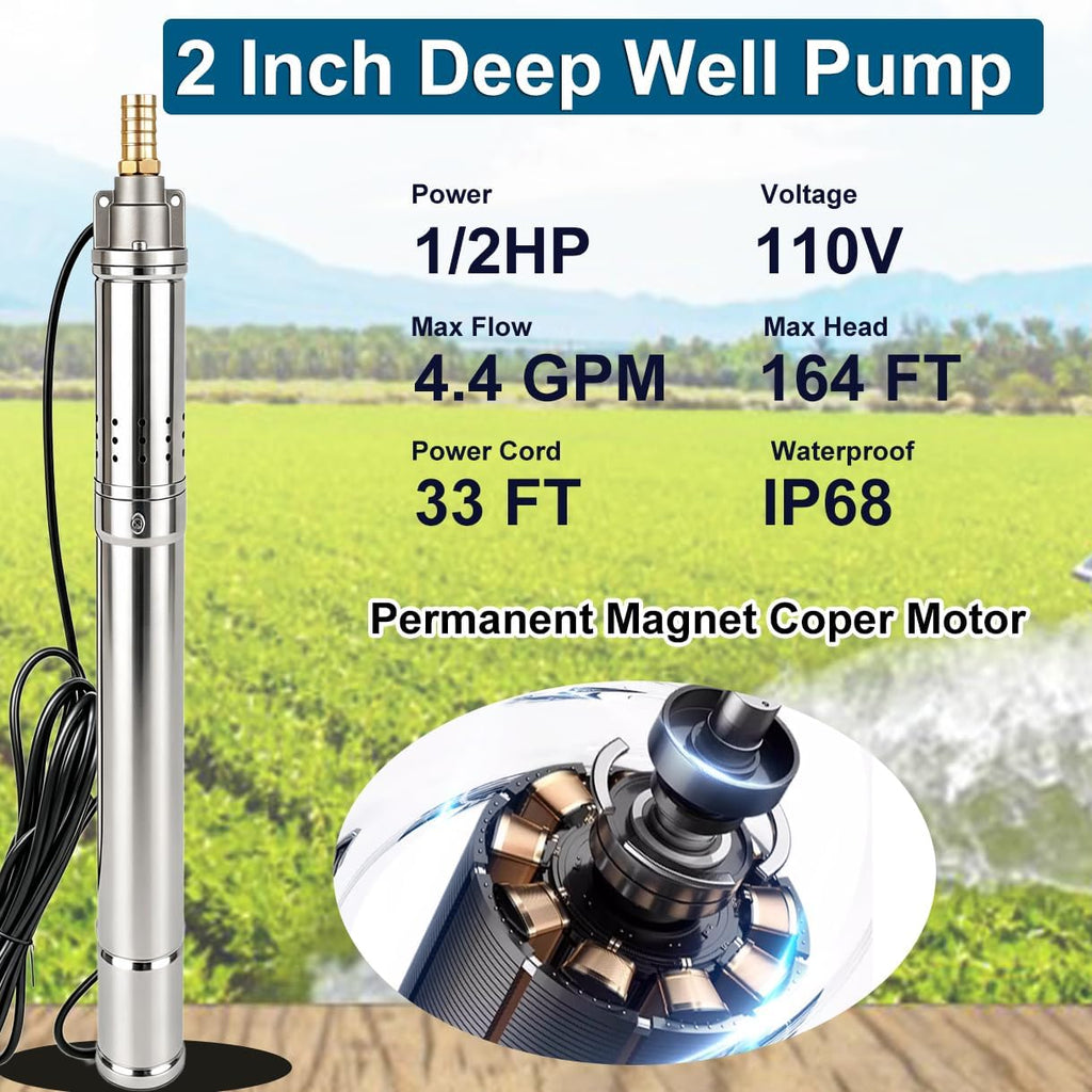 2" Deep Well Submersible Pump, 1/2 HP 110V Deep Well Pump with 33FT Cord