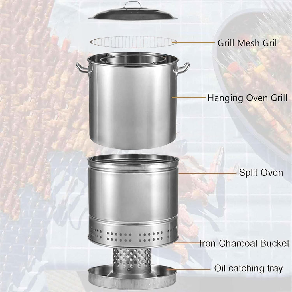 2-in-1 Heavy Duty Freestanding Charcoal BBQ Smoker - Cylinder One-piece Charcoal BBQ Grill w/3 S Hooks Can Hold 50 Skewers for Garden Camping Outdoor Cooking and Grilling