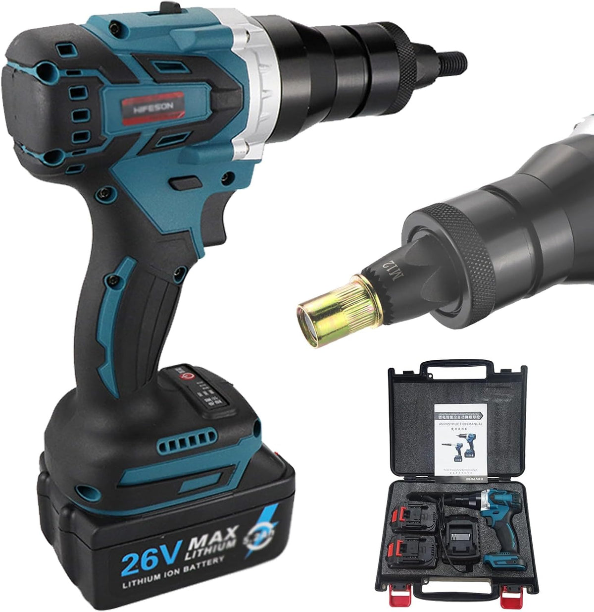 2-in-1 Cordless Rivet Nut Gun Set,Portable Automatic Rivet Gun with M3/M4/M5/M6/M8/M10/M12 Battery Powered Pop Rivet Insert Installation Tool,2Battery-2200mAh