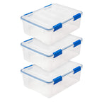 IRIS USA 3-Pack 60 Qt Storage Bins with Gasket Lids, Clear/Blue