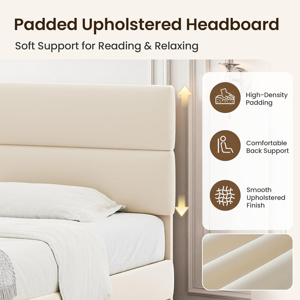 GRUSIGN King Size Platform Bed Frame with Velvet Headboard, Adjustable Height Wooden Slats Support, Upholstered Mattress Foundation, Fits Mattress or Mattress with Box Spring, Easy Assembly, Beige