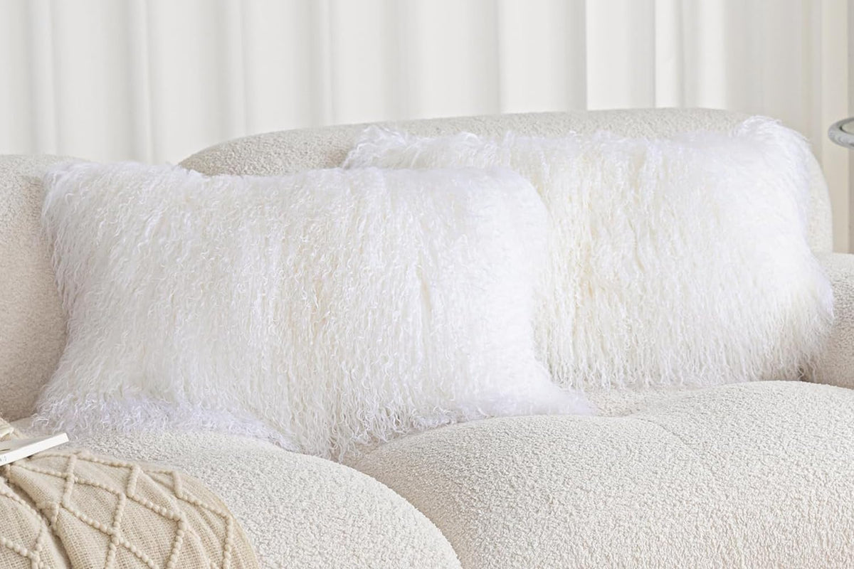 Real 100% Tibetan Mongolian Lamb Sheepskin Wool Fur Throw Pillow Covers White 24x24 Inch, Super Soft Plush Leather Accent Pillowcase Decorative Cushion Cover for Living Room Bedroom